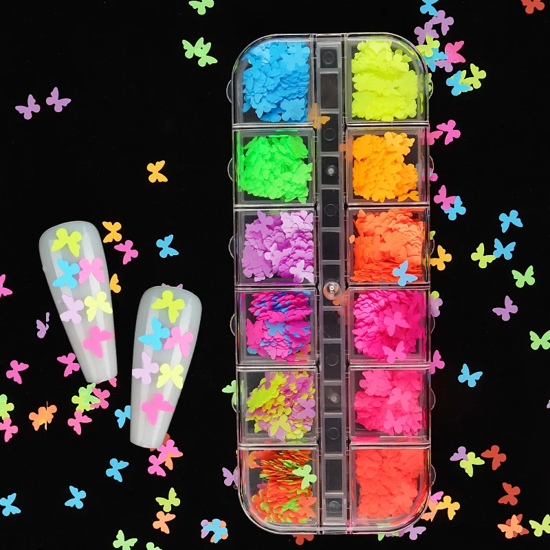 

Неоновые бабочки для дизайна ногтей, декоративные жидкие блестящие хлопья, кавайные искусственные весенние и летние французские инструмен...