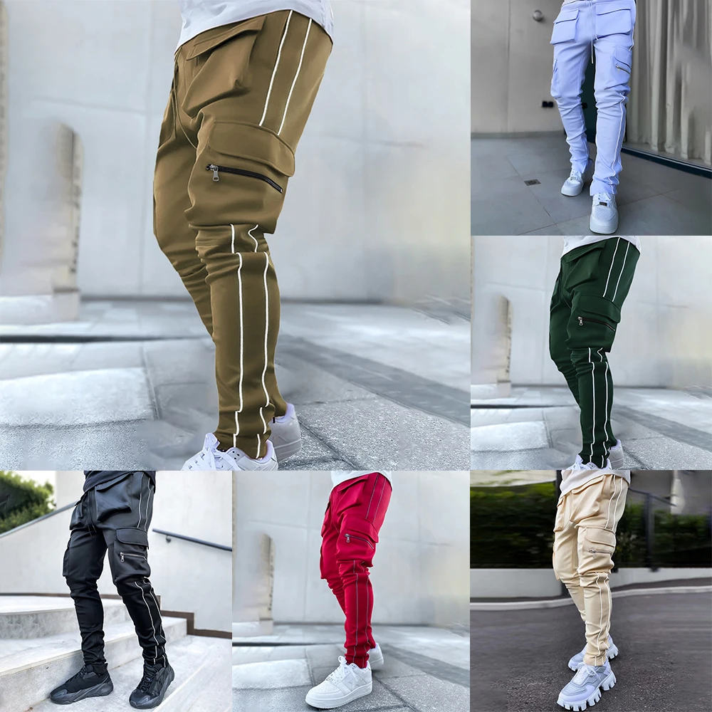 Men Street Cargo Pants Harajuku Joggers Harem Multi-pocket Elastic Trousers Reflective Strips Cargo Trousers
