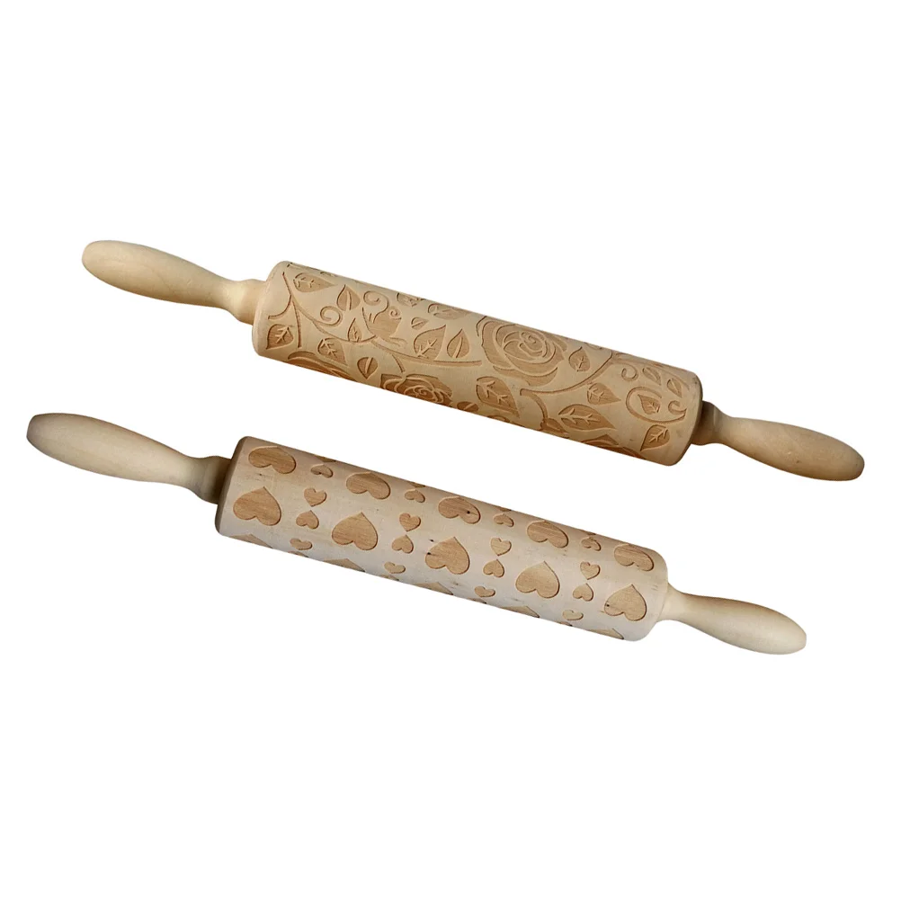 

2 Pcs Valentine's Day Rolling Pin Engraved Dough Roller Wooden Carved Pastry Stick DIY Gourmet Cookie