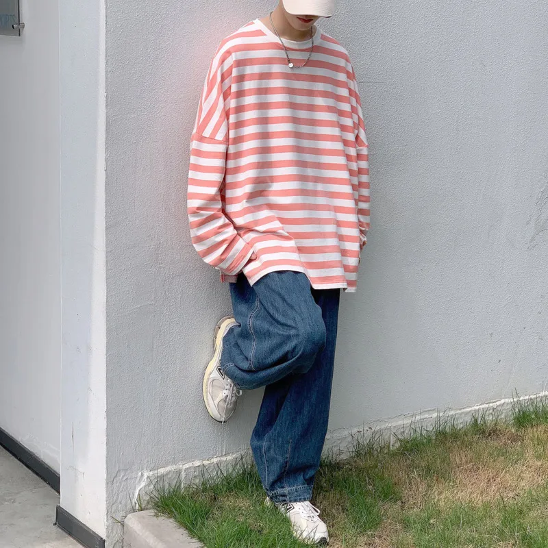 Футболка мужская хлопковая в полоску модная Повседневная Свободная рубашка с