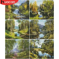 huacan cross stitch tree lake needlework sets white canvas diy home decoration 14ct 40x50cm embroidery forest scenery kits