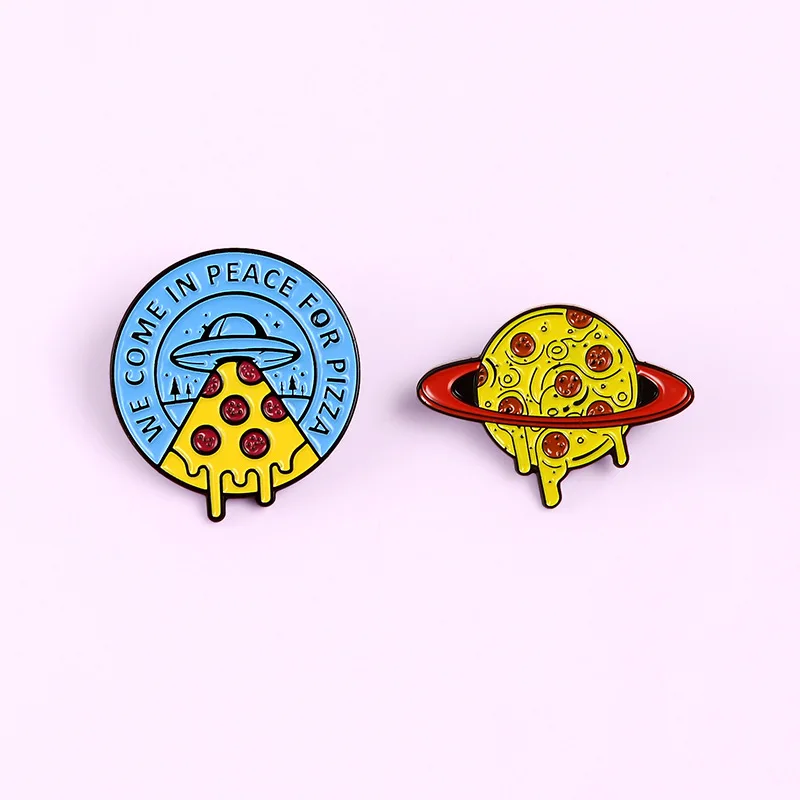 

SALeeee Cartoon creative spaceship pizza brooch Planet orbit around the planet Pizza personality dripping brooch Wild badge