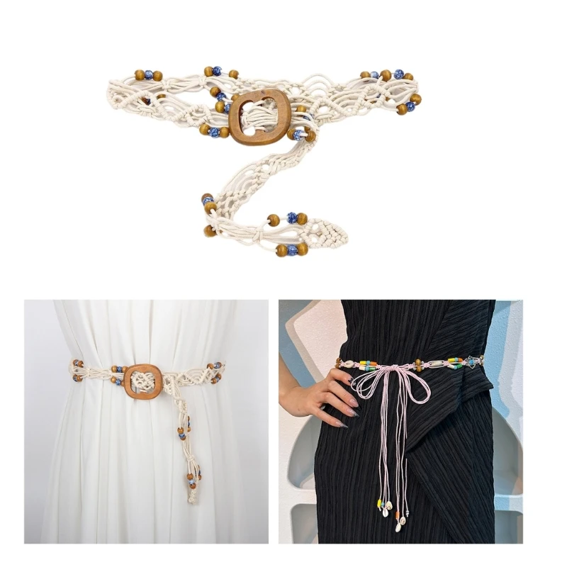 Женский плетеный ремень ручной работы винтажный тонкий с украшением из бисера