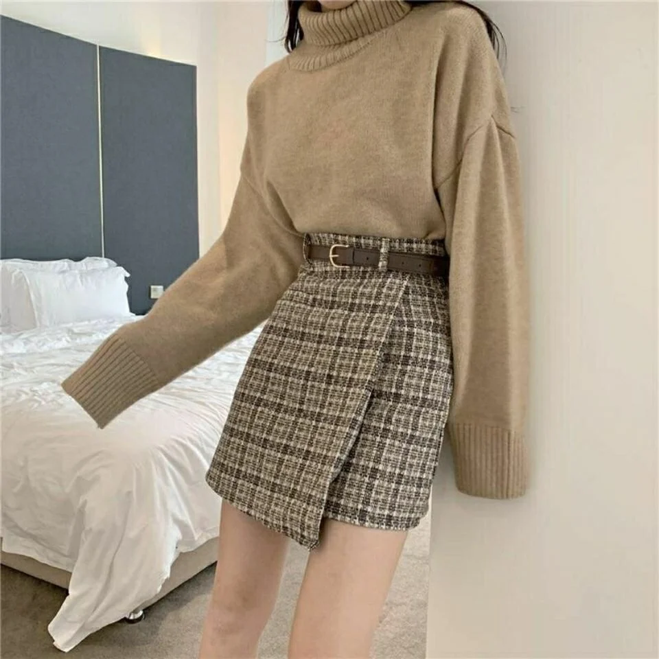 

Korean women's mini skirt, high waist skirt, casual, plaid, elegant, 2021