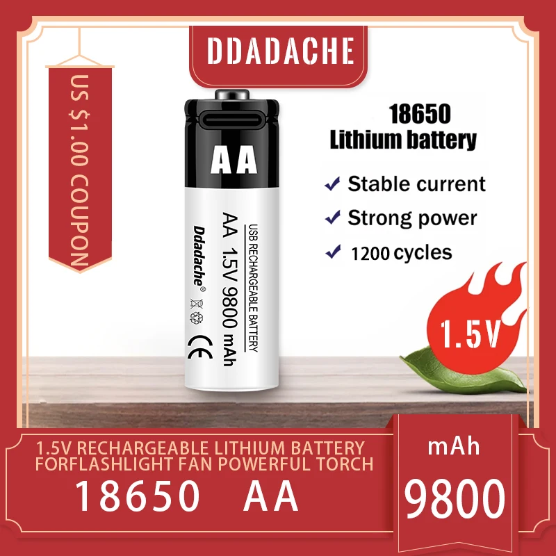 Новое обновление 2023, AA, 1,5 в, usb-аккумулятор 1,5 в, 9800 мАч для фонарика + USB + бесплатная доставка