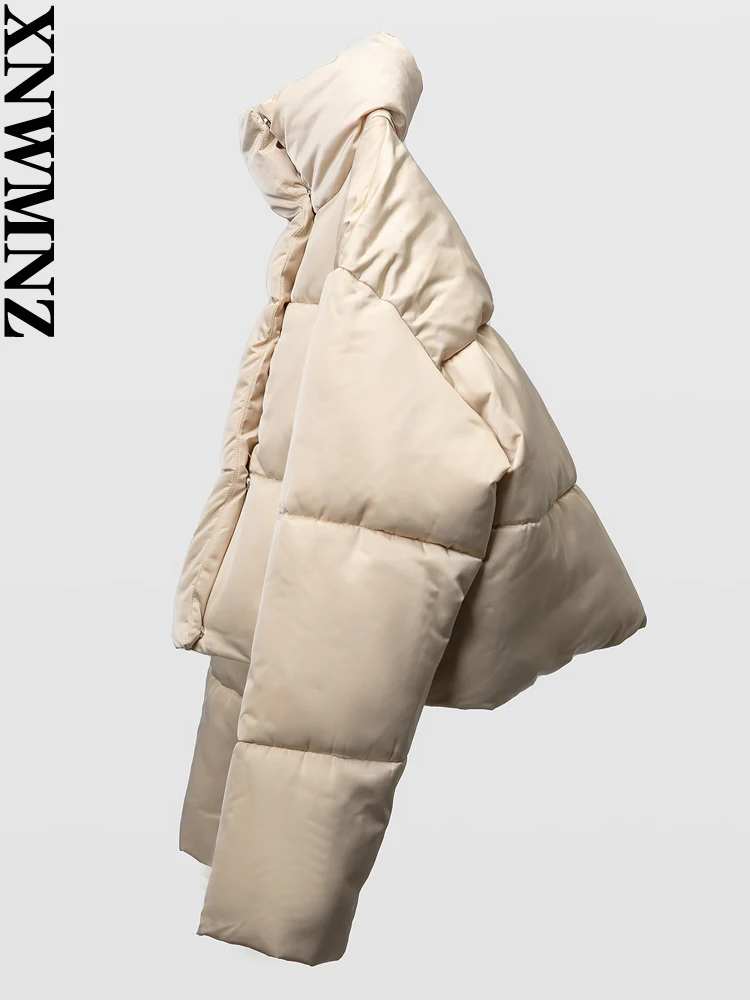 XNWMNZ Women Fashion High-quality Thick Warm Waterproof Satin Puffer Padded Jacket High Neck Long Sleeve Zip  Female Outwear Top