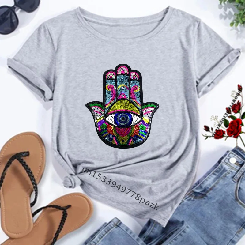 

Lucky Hamsa Hand Print TShirt Grey Women's T-Shirts Summer Black Short Sleeve Top Female Hamsa Hand of Fatima White TShirt Woman