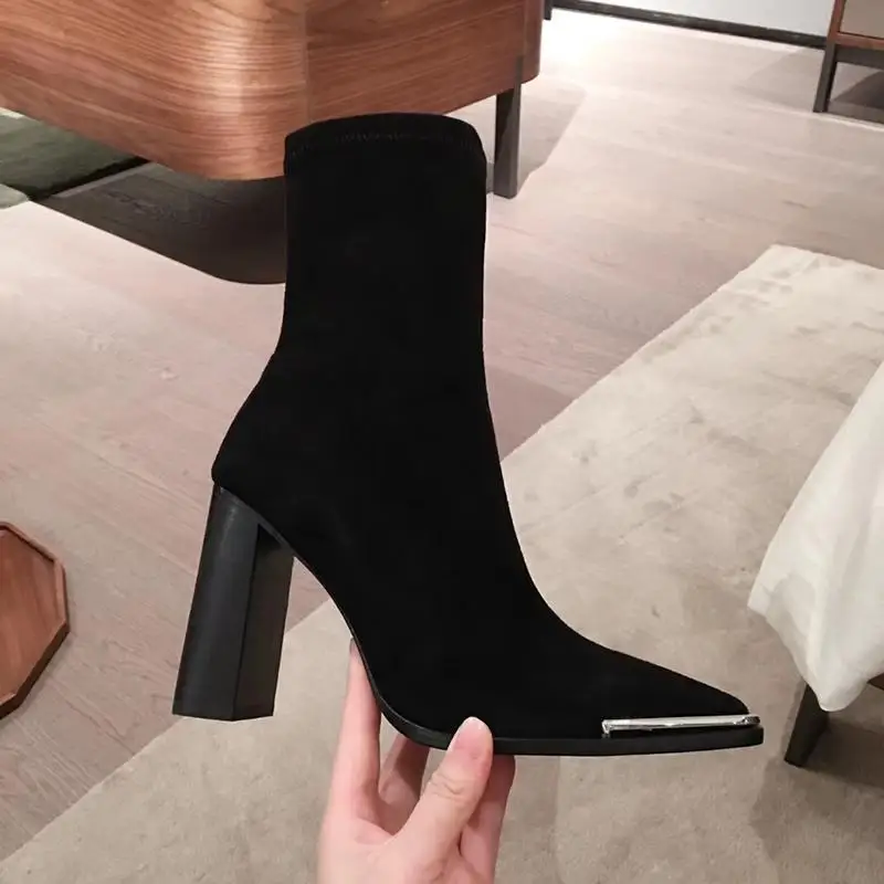 Elastic Suede High Heel Short Boots Women plus Velvet 2022 Autumn and Winter New Fashion Square Toe Chunky Heel Knight Shoes