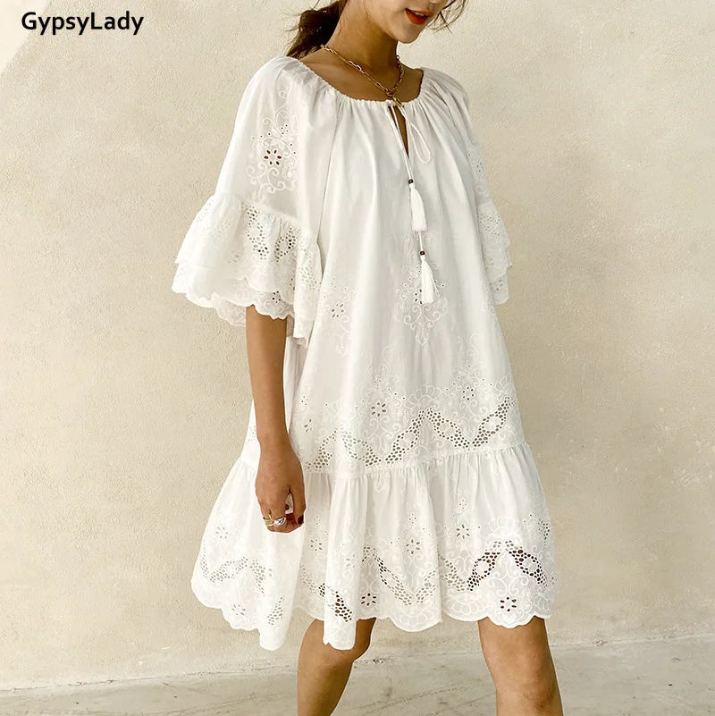 Мини-платье GypsyLady с цветочной вышивкой белое свободное повседневное шикарное