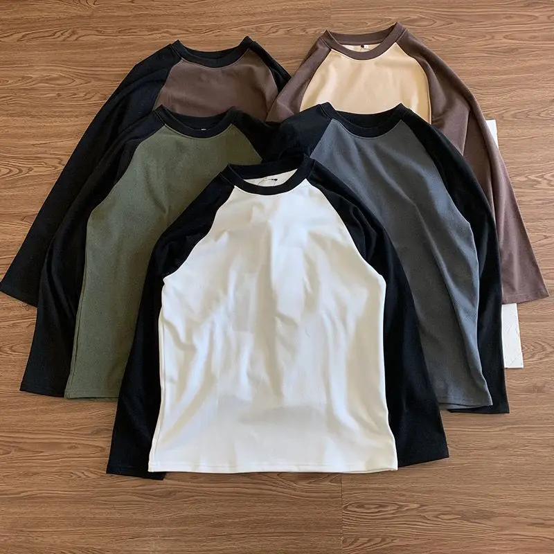 

Spring Fashion Men's Couple Style Long Sleeve T-shirt Contrast Color Patchwork Chic Pullover Youth Casual Loose Daily Basic Tops