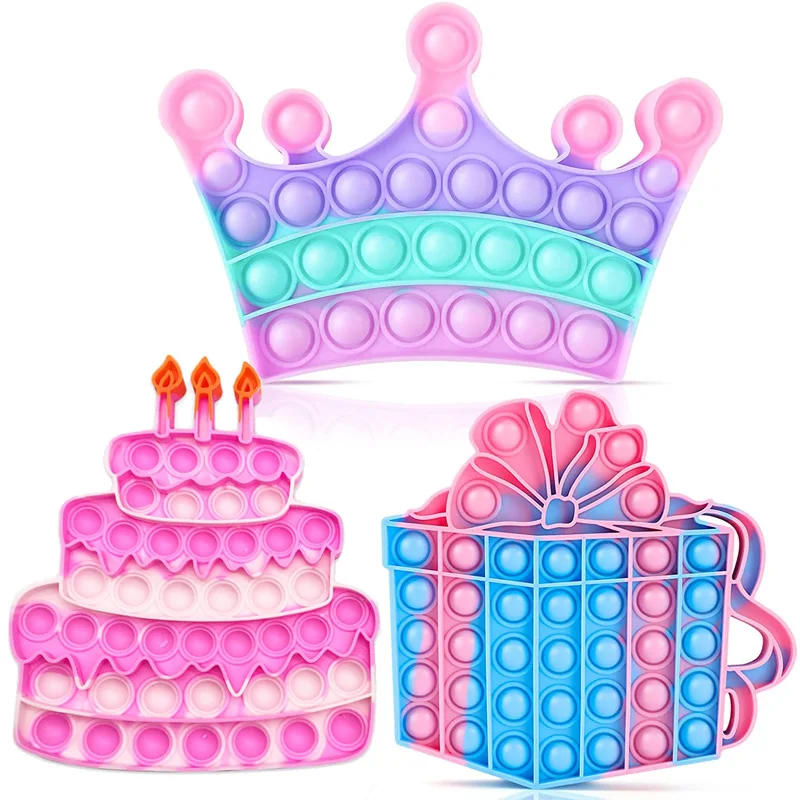 

3Pack Fidget Poppet Birthday Cake Gift Set Girls Crown Stress Relief Toy for Kids Silicone Stress Anxiety Relief Sensory Games