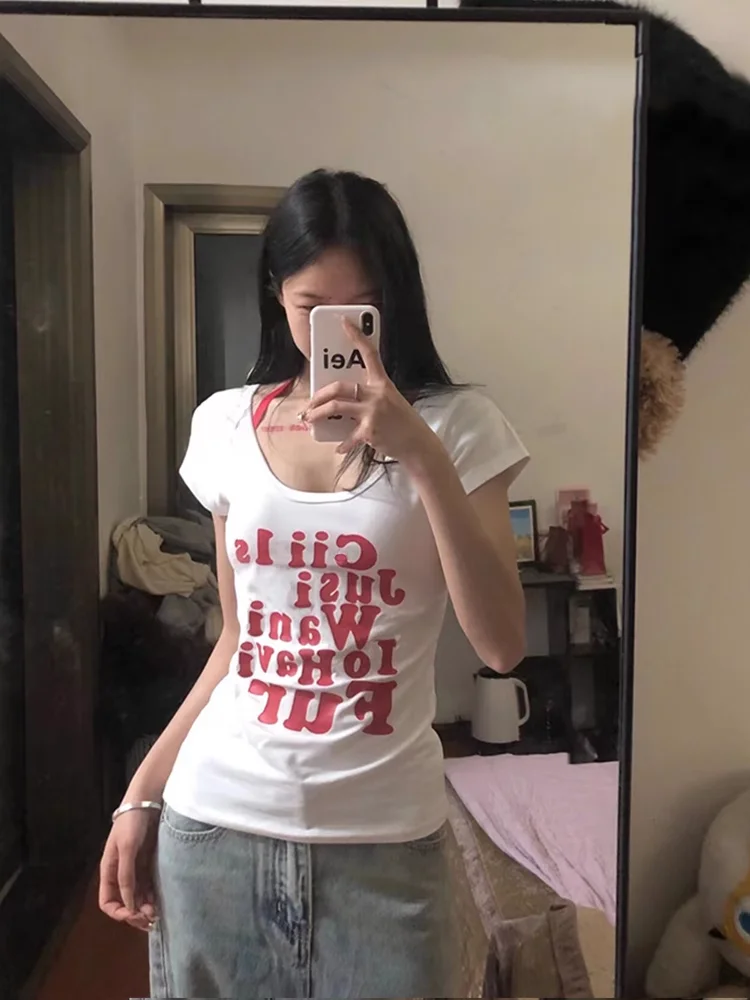 Женская футболка Y2K винтажный топ эстетическая повседневные тонкие женские топы