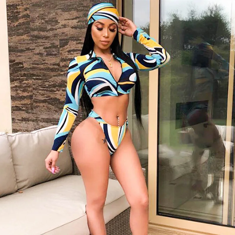 

OEING Summer Long Slevee Bikini Swimsuit Two-Piece Suits Female Stretchy Soft Fashion Print Beach Push up Beachwear Mujer