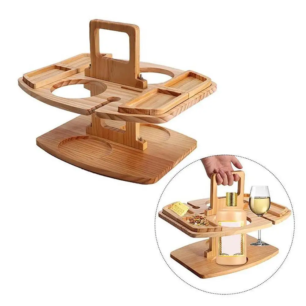 

Wooden Folding Table Fruit Snack Tray Portable Outdoor Camping Picnic Wine Table Removable DIY Wine Glass Holder Picnic Table