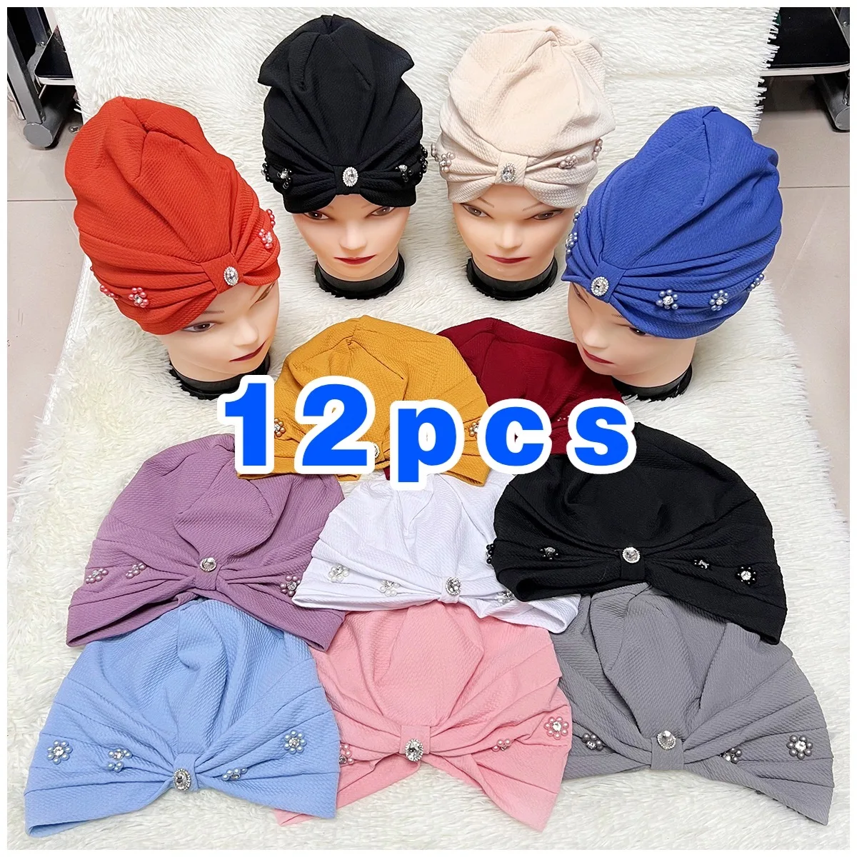 

12pcs Latest Fashion Muslim Female Turban Hat Bonnet Elastic FabricHot Rhinestone Solid Indian Beanie Hair Bonnets Cap For Women