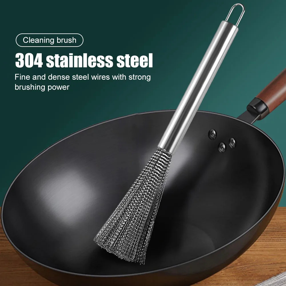 

304 Stainless Steel Cleaning Brush Kitchen Pot Tableware Cleaning Brush Strong Decontamination Long Handle Dishwashing Tools