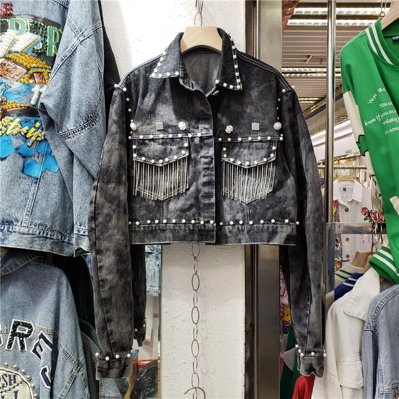 

Autumn Vintage Black Tie-dye Print Short Denim Jacket Women Beaded Chain Tassel Batwing Sleeve Casual Jeans Jacket Streetwear
