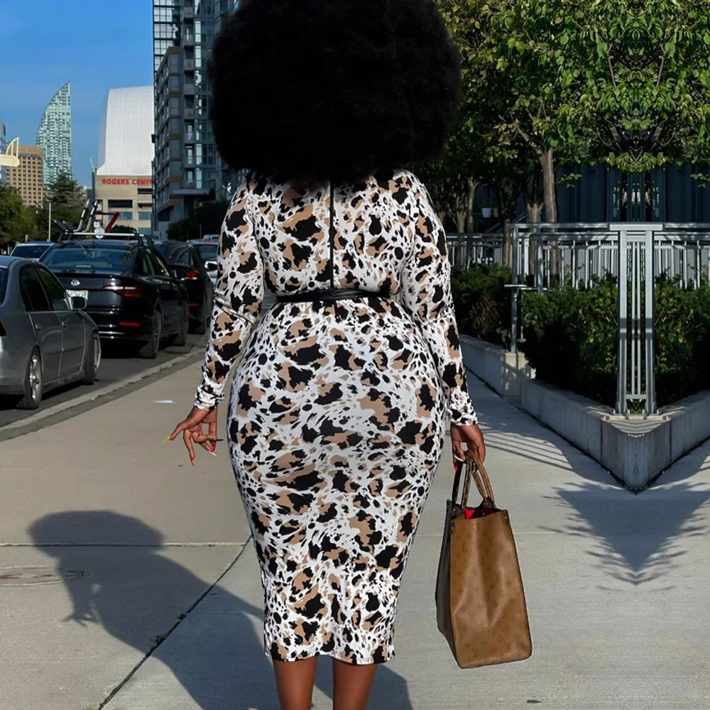 Plus Size Women's Dress  Autumn And Winter Mid-length Dress Printed Slim Belt Women Clothing Long Sleeve Bodycon Lady Maxi Dress