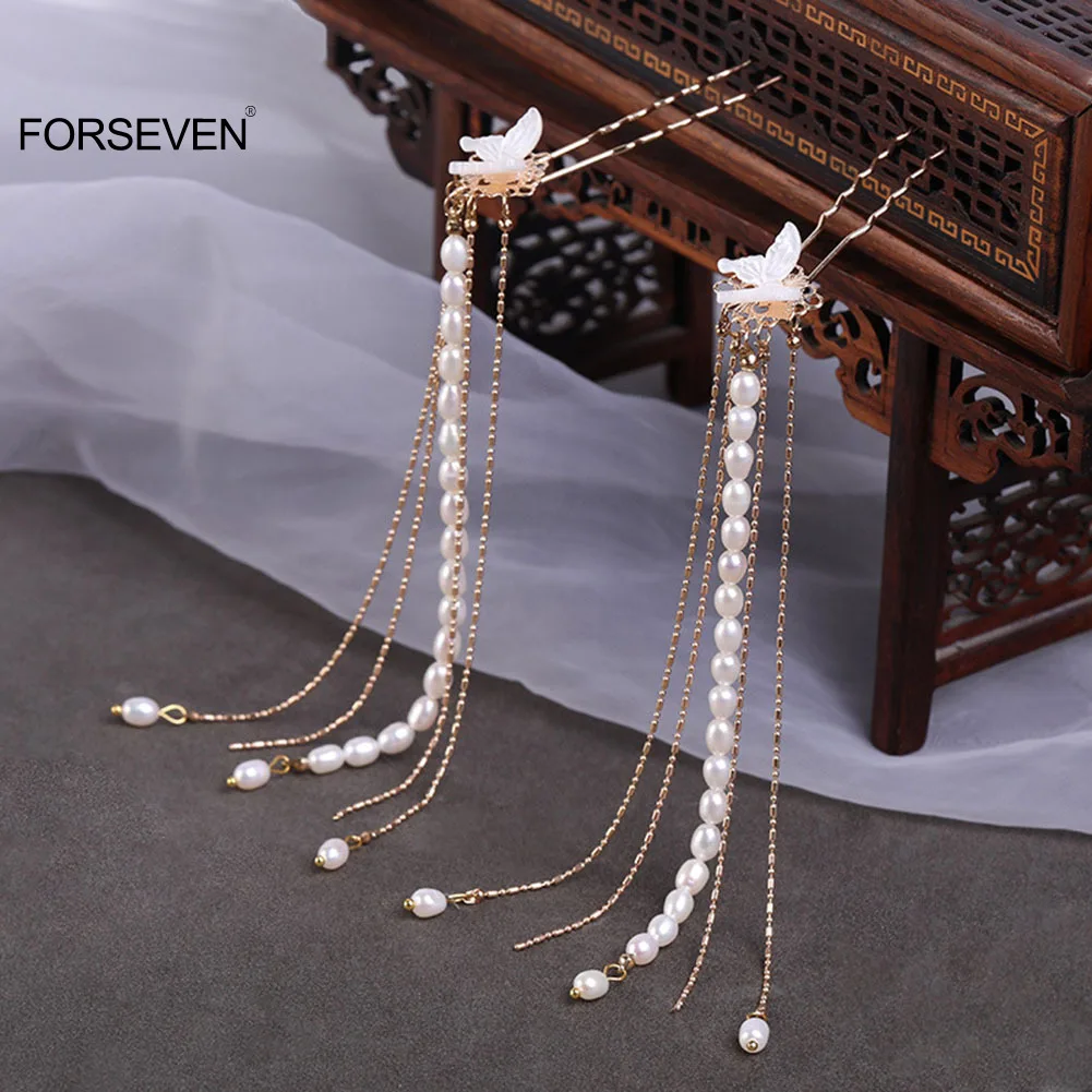 

Chinese Hair Pins and Clips Butterfly Hair Accessories Long Tassel Pearls Hair Sticks U Shaped Hair Forks Pendant Jewelry 1Pc