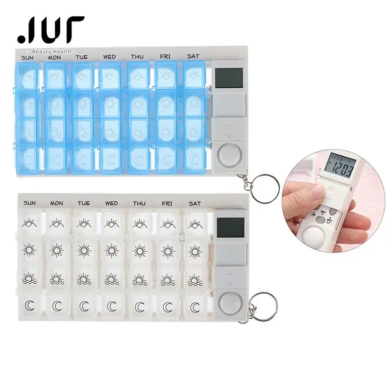 

7 Days Pill Box Medicine Pill Case Organizer LED Timer Reminder 28 Grids Weekly Tablets Storage Pill Dispenser Alarm Clock