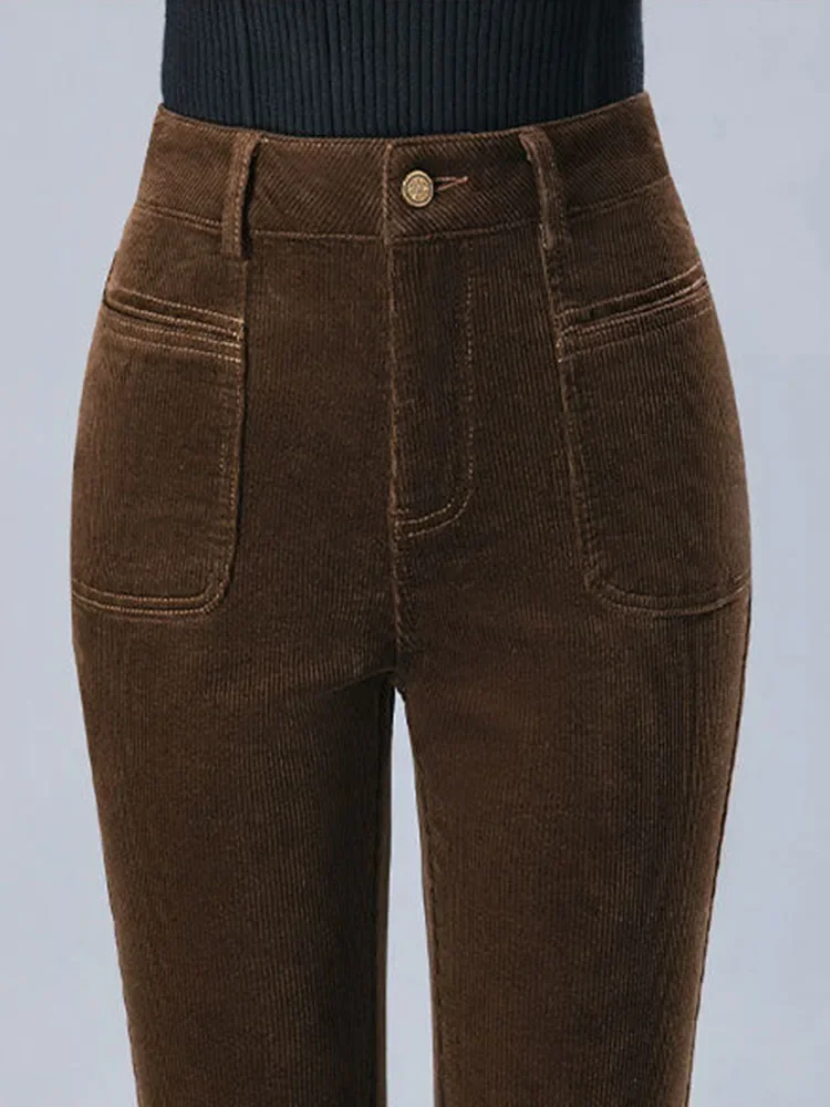 Осенне-зимние теплые облегающие вельветовые расклешенные брюки женские