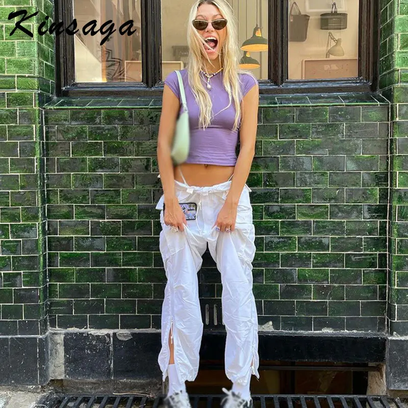 

Streetwear Zipper Hem White Cargo Pants Women Harajuku Drawstring Pocket Baggy Straight Sweatpants Casual Hippie Hip Hop Trouser