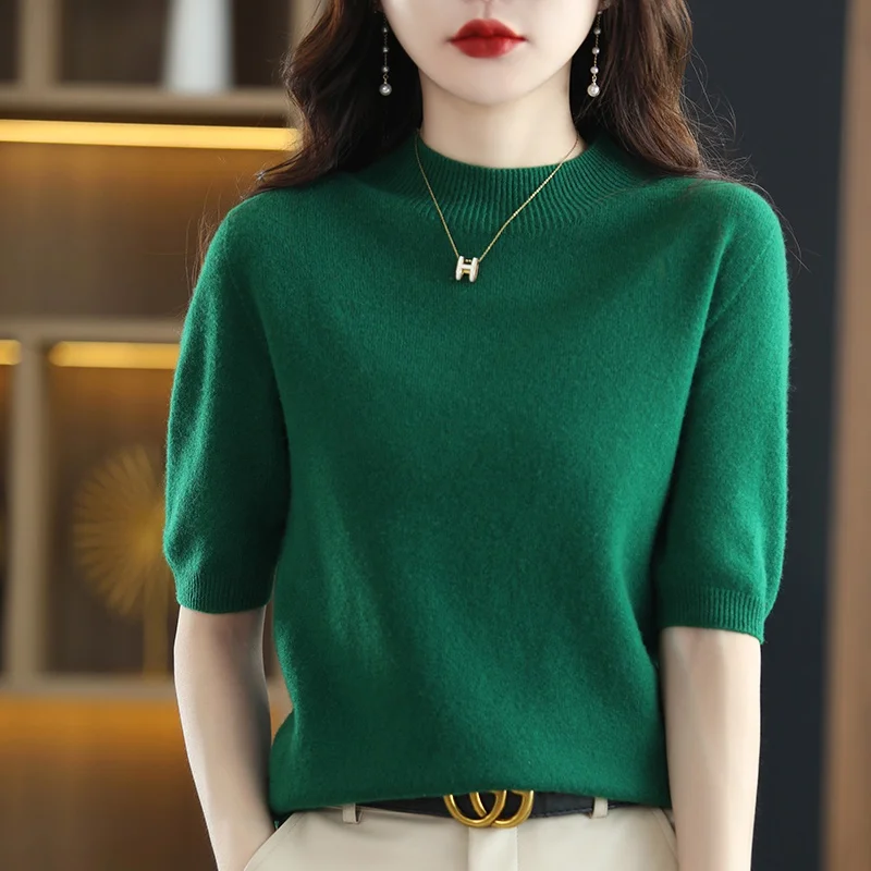 

Women's Short Sleeve Seamless Cashmere Sweater Knitted 100% Pure Wool 2022 Spring Half Sleeve Fashion Korean Outerwear Pullover