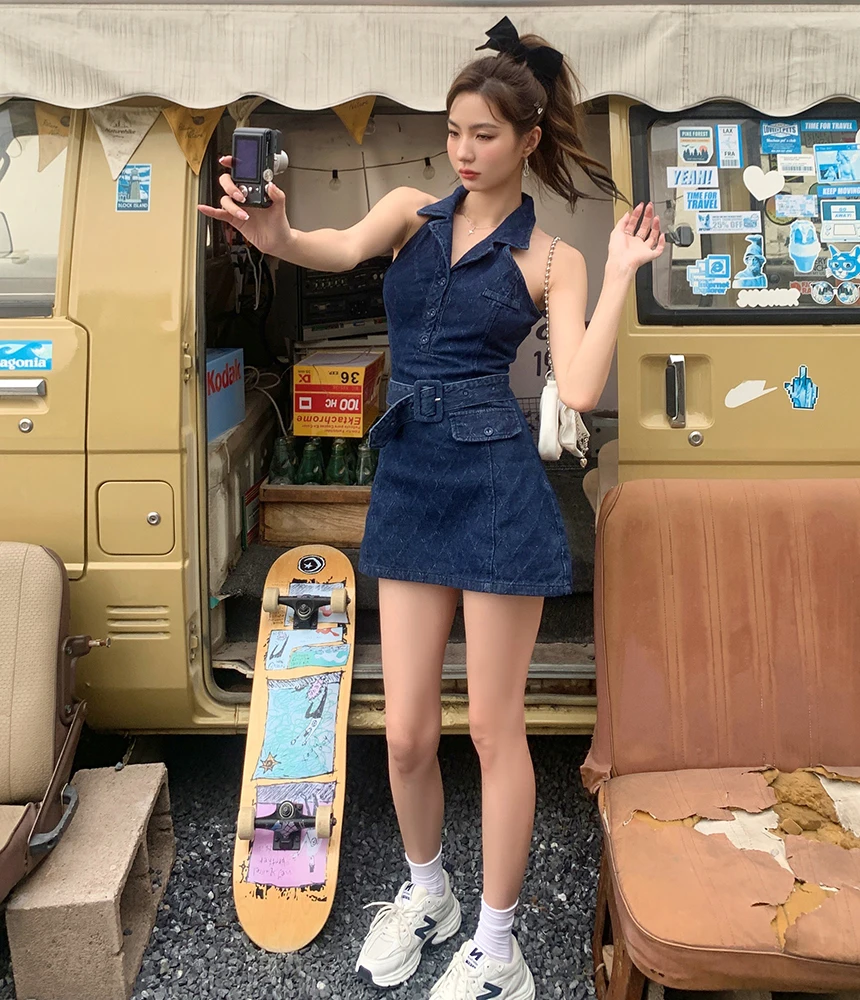 

Make summer new ins web celebrity spice sleeveless polo collar woman a word cowboy dress waist skirt