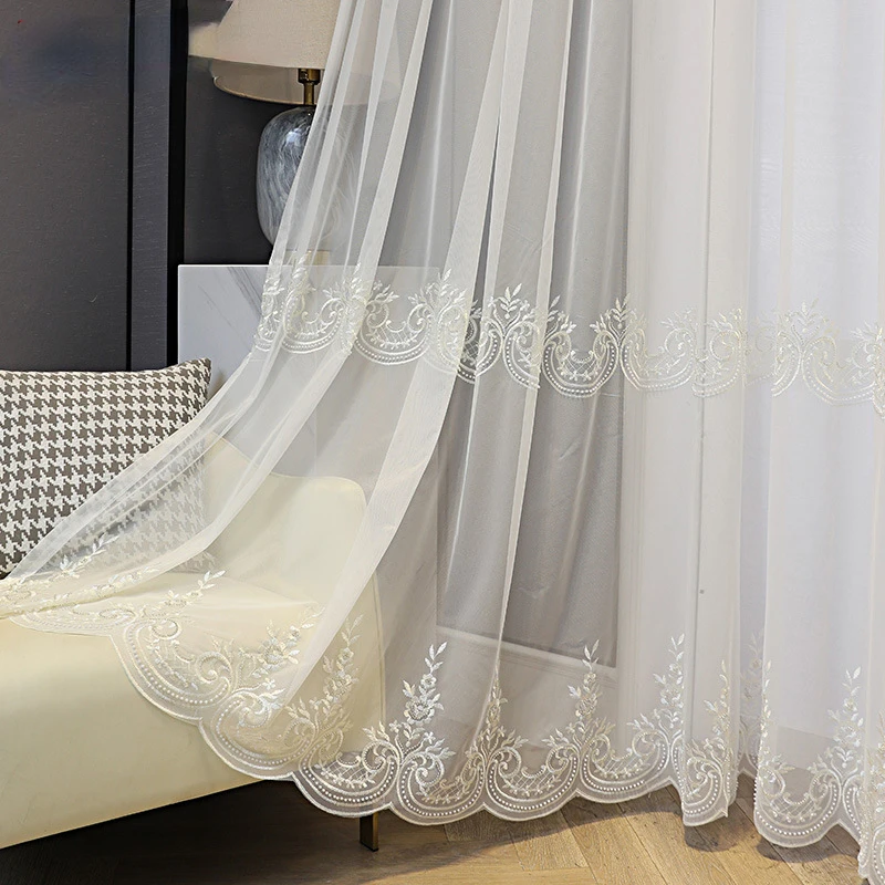 

Tulle Curtains for Living Room Light Luxury Pearls White Sheer Voile for Balcony White Tread Window Screen Beads Embroidery