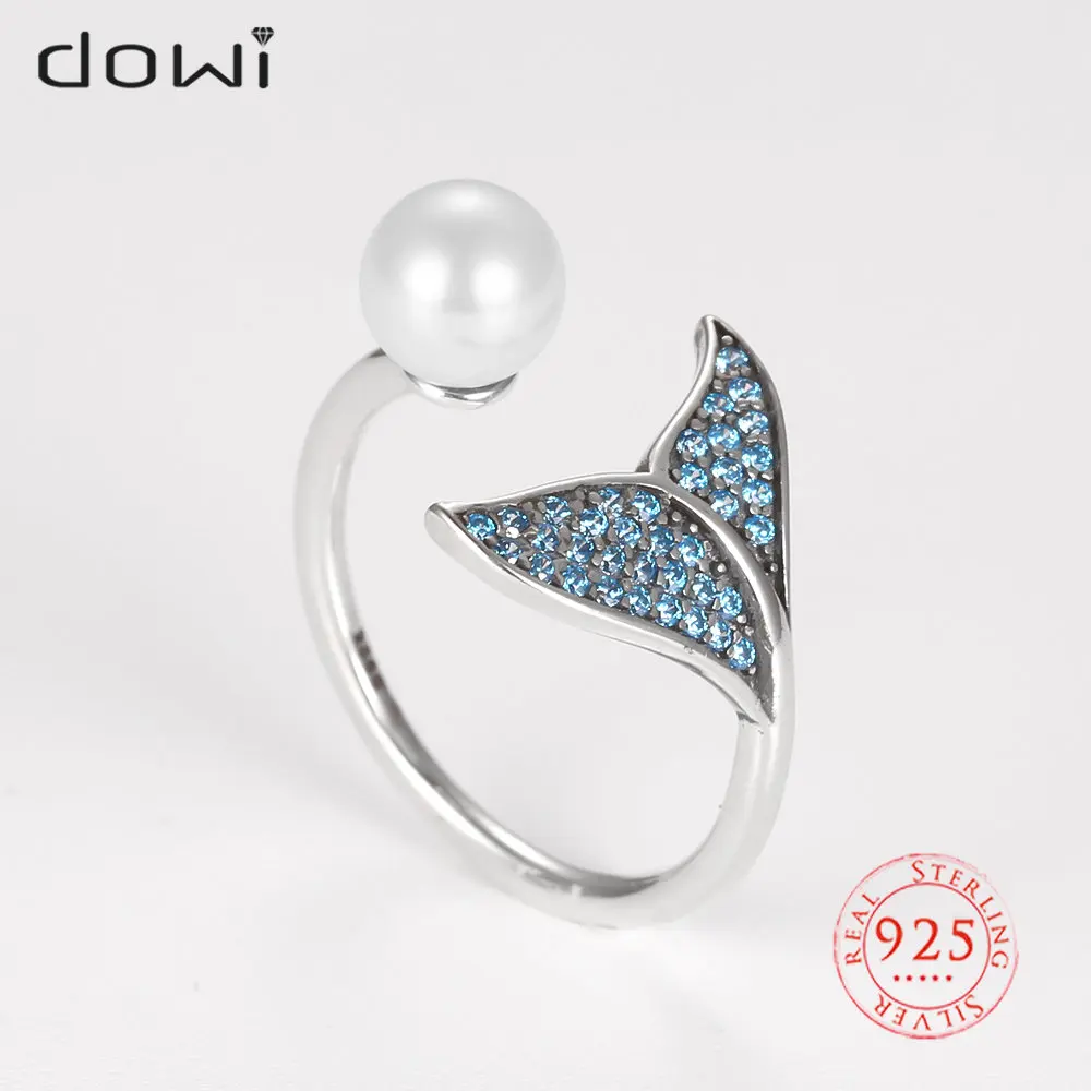 

925 Sterling Silver Blue Zircon Fishtail Pearl Open Size Finger Rings for Women Wedding Fashion Ring Accessories Mermaid Ring
