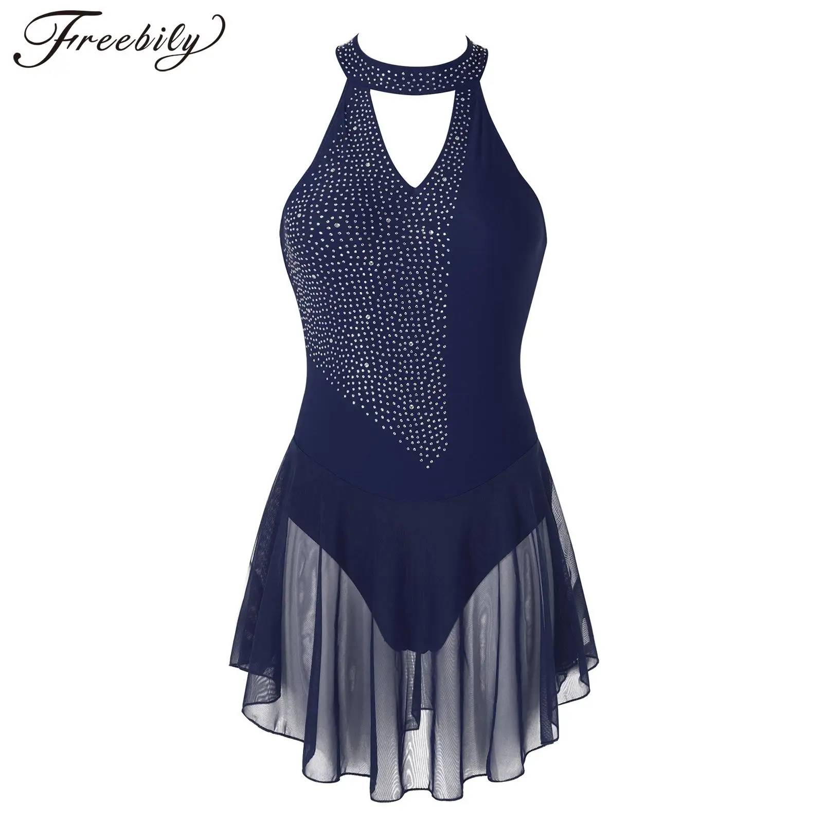 

Adult Sparkly Rhinestone Mesh Splice Ballet Gymnastics Leotard Women Figure Ice Skating Dress Ballroom Dance Competition Costume
