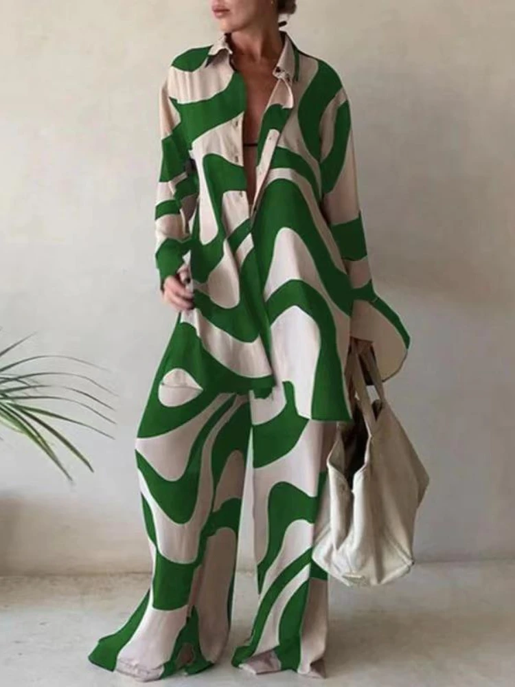 

Sets Womens 2 Piece Turn-down Collar Single-breasted Tops Printing Trousers Pant Sets Loose Casual Clothes for Women Streetwear