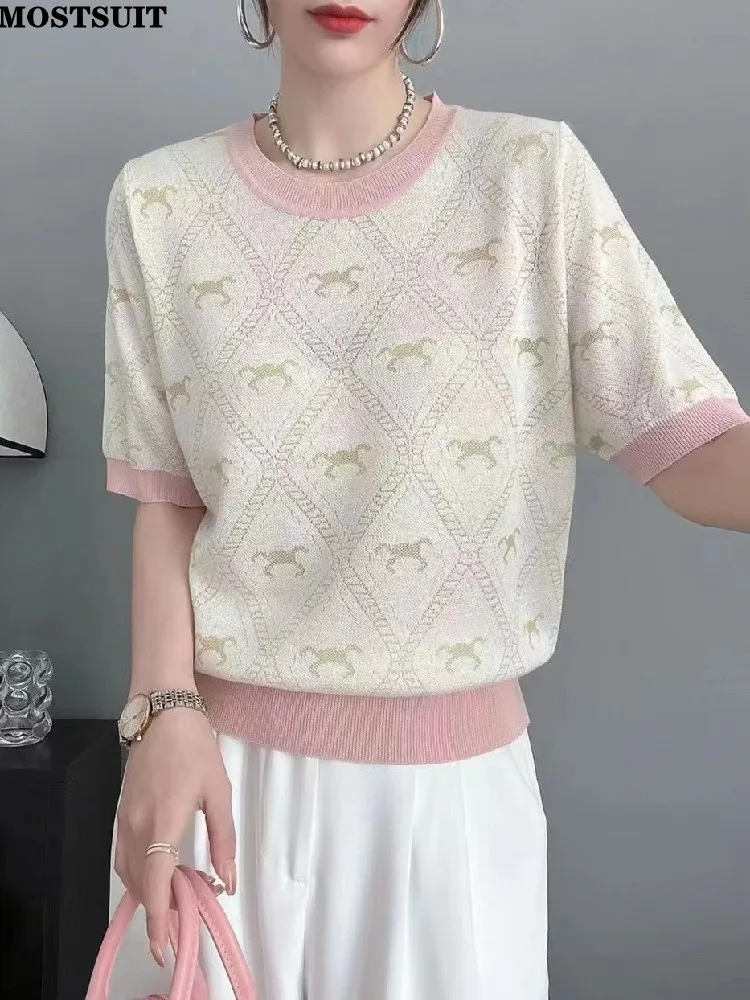 

Женский жаккардовый вязаный свитер с коротким рукавом, в винтажном стиле