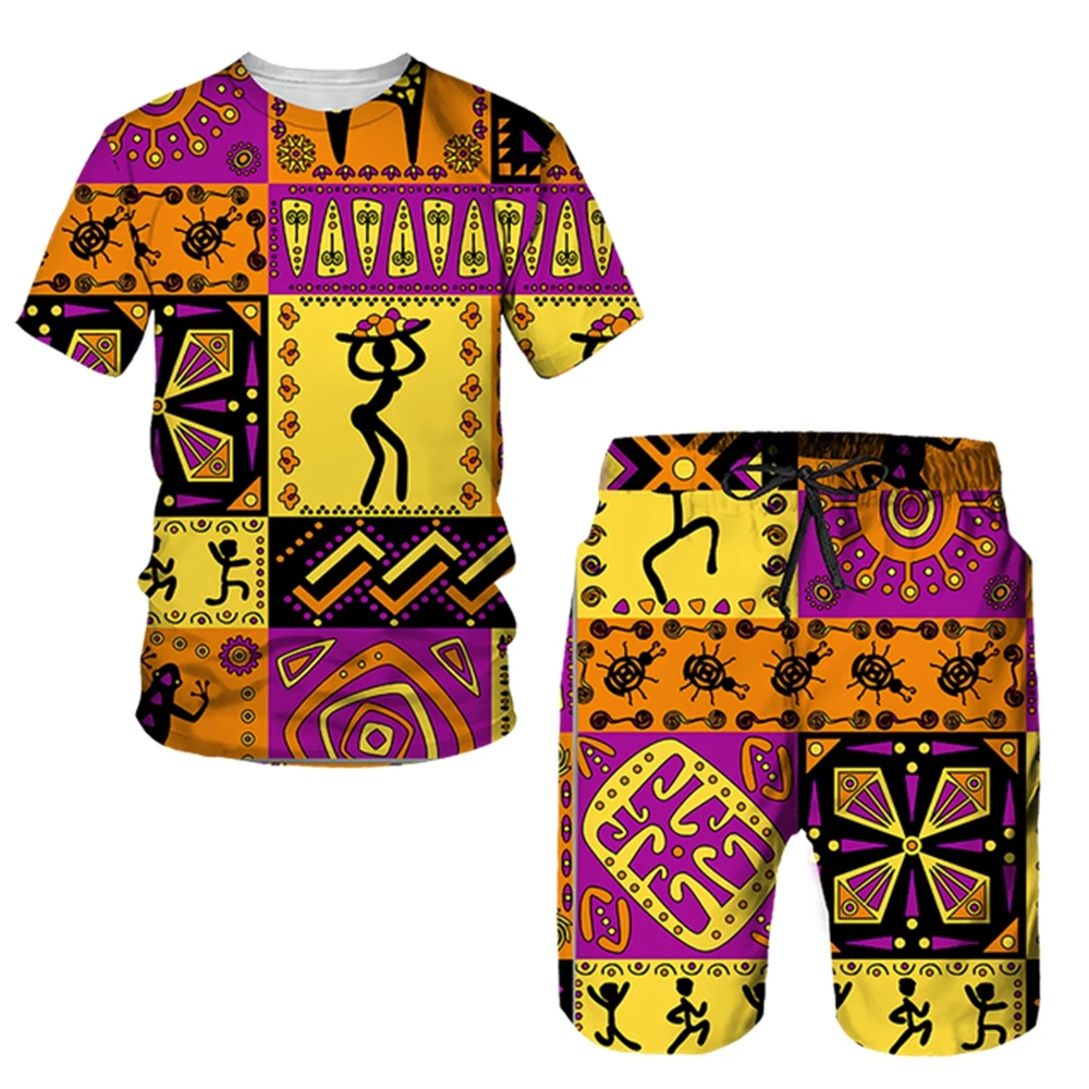 

Men's Set African Style Summer Tracksuit Ethnic Totem Print T-Shirt Shorts Set Casual Clothing Vintage Oversized Fashion Outfits