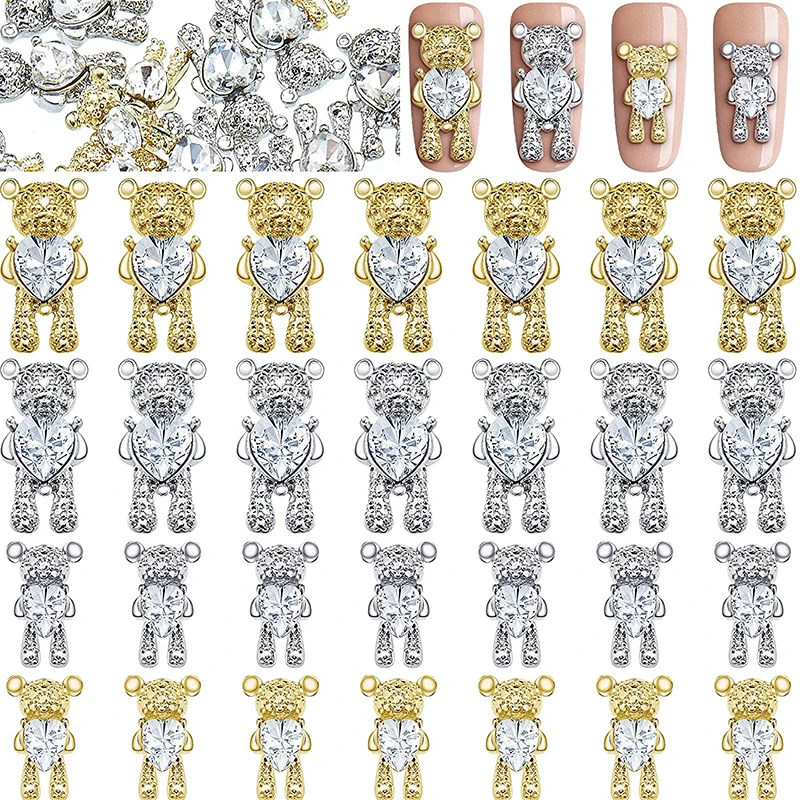 60pcs Bear Nail Art Rhinestones Decoration With Heart Crystal Rhinestones Shiny 3D Alloy Nail Art Design Manicure Accessories