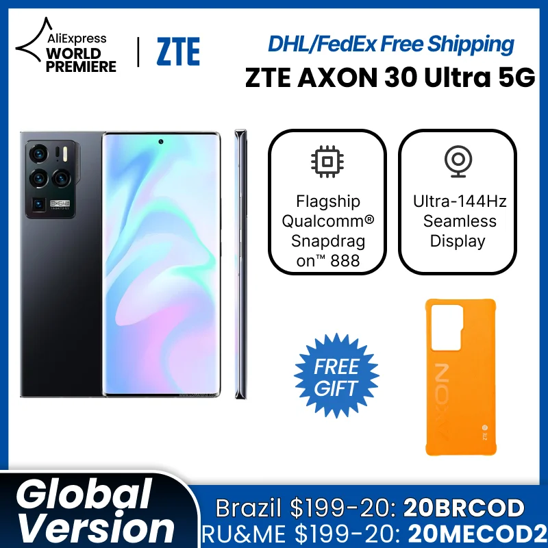 

FEDEX/DHL Free ZTE Axon 30 Ultra 5G Smartphone Global Version 6.67‘’ AMOLED Screen Snapdragon 888 Octa Core 64MP Camera