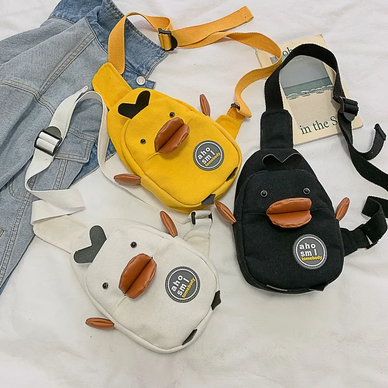 

Korean Small Yellow Duck Canvas Chest Bag for Kids Black White Pink Large Capacity Shoulder Bags Toiletry Phone Organizer Bags