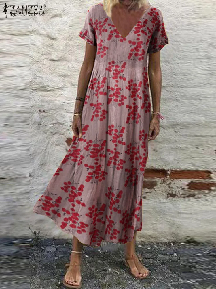 

Summer Bohemian Sundress ZANZEA Women Holiday Casual V Neck Short Sleeve Loose Vestido Kaftan Vintage Floral Printed Beach Dress