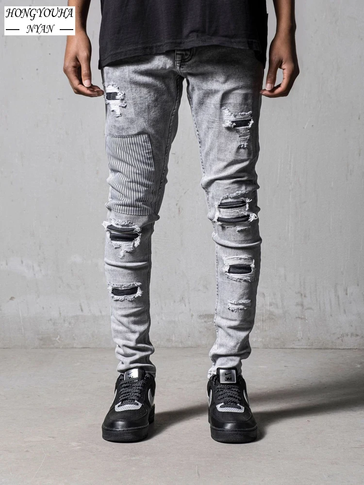 Streetwear Man Slim Patchwork Beggar Patch Ripped Jeans Moto Biker Fashion Pencil Pants Male Denim Trousers Casual Jeans for Men