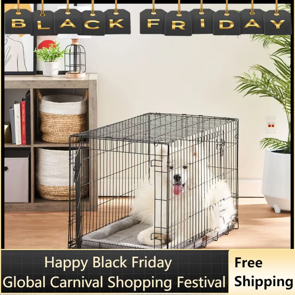 

Double-Door Folding Metal Wire Dog Crate With Divider and Tray Free Shipping Fence for Dogs Pet Cats Pet Products House Cage Big