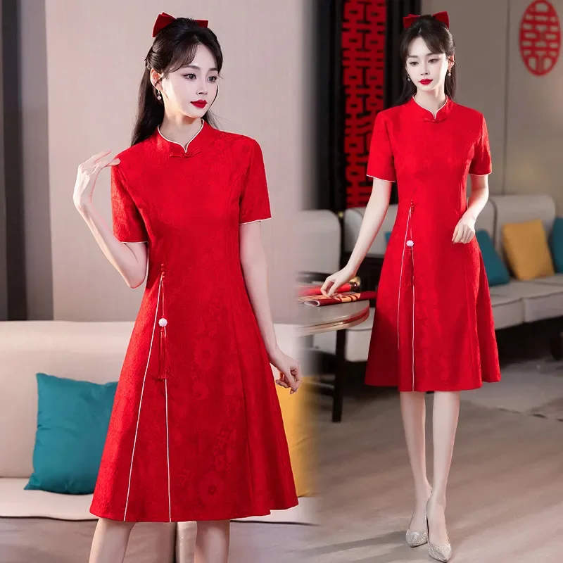 2024 новое красное китайское платье Ципао Cheongsam женская одежда современный