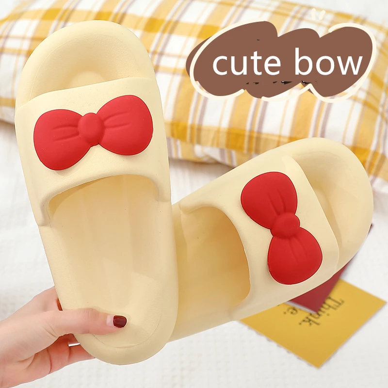 Women's Slippers Solid Color Cute Bow Thick Sole Comfortable Non-Slip Sandals Bathroom Indoor Couple Slippers New Summer 2022