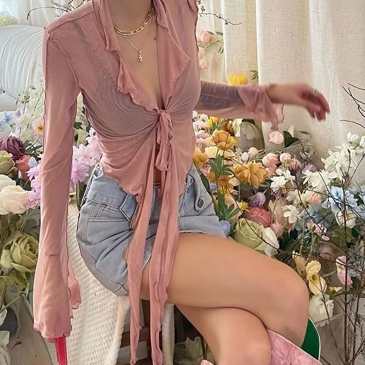 Асимметричные оборки Y2K блузки для женщин летний бандажный кроп-топ с