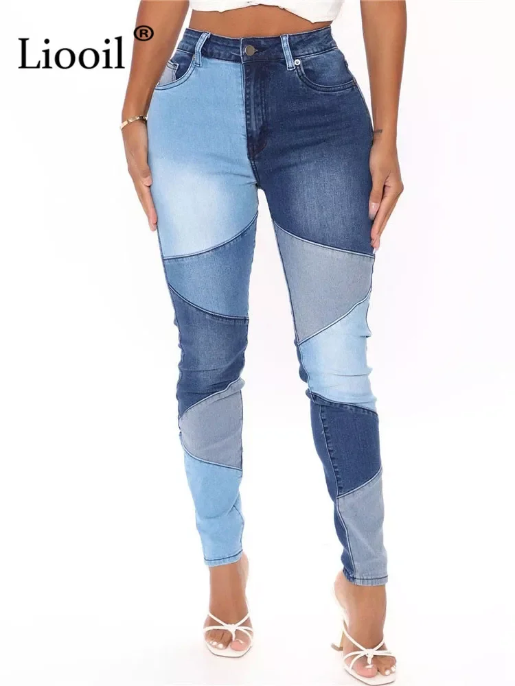 

Patchwork Skinny Jean Pencil Pants Woman High Waist Spring Streetwear Black Blue Color Block Sexy Stretch Denim Trousers Jeans