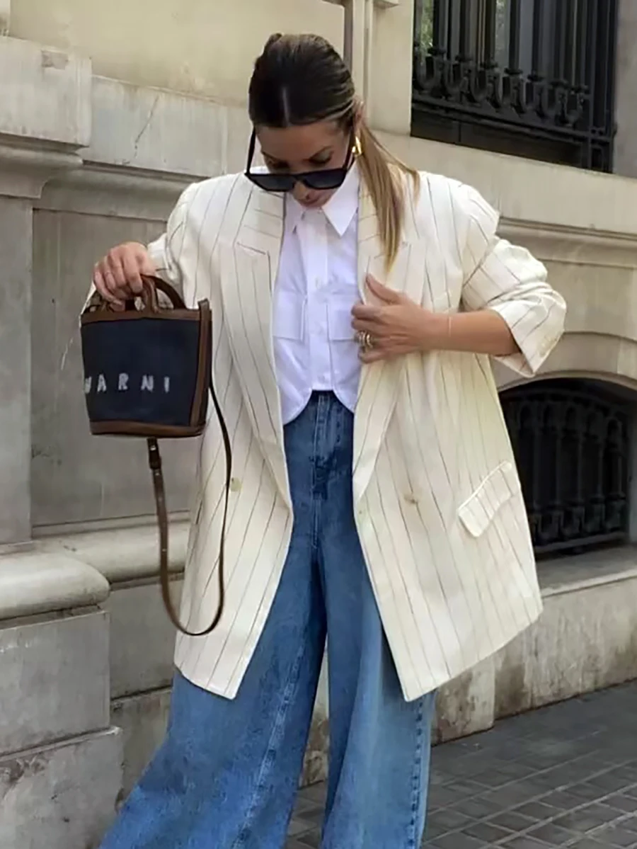 

HDIMM TRAF Women Long Blazer 2023 Fashion White Long Sleeve Blazer Vintage Office Notched Collar Coat Ladies Chic Outerwear