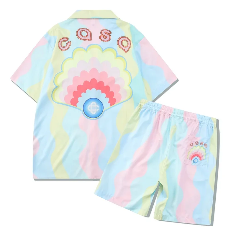 

new Casablanca Shell Rainbow Dream Men Women Short Set T Shrt Hawaii Beach Suit Hip Hop Shirt Shorts Couple Suit Casa y2k