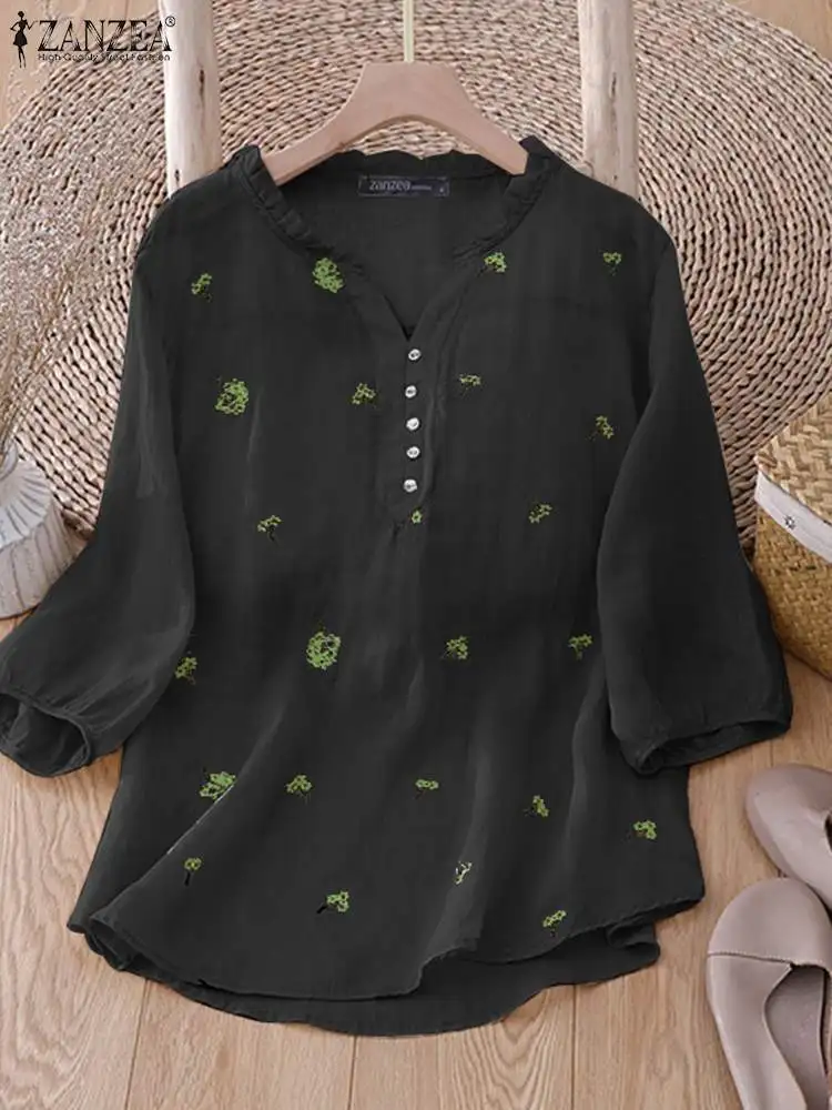 

ZANZEA Vintage Solid Color Blosue 3/4 Sleeve Bohemian Blusas Embroidery 2023 Summer Shirt Women Holiday Casual Loose V-neck Tops
