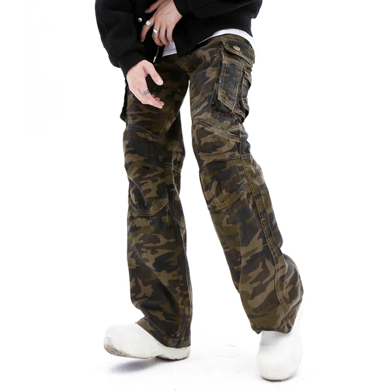Streetwear Men Vintage Hip Hop Baggy Camouflage Cargo Pants Versatile Temperament Straight Cylinder Jeans 2022 Winter New Female