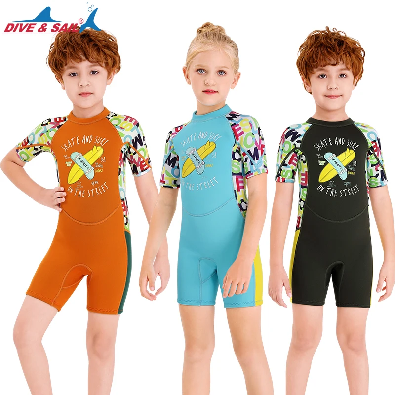 

1set diving suit for kids 2.5mm Neoprene Shorty Wetsuit Swimming Boys Girls Sunscreen Surfing Scuba Diving Wet Suit Snorkeling