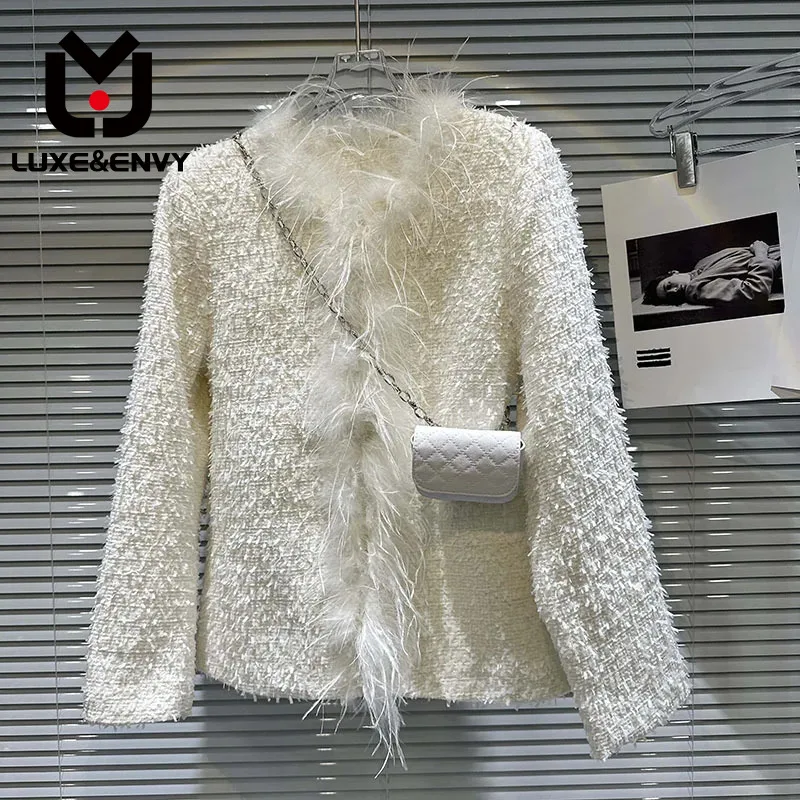 

Роскошная & ENVY Новинка, маленькая Очаровательная плотная твидовая сумка с воротником из страусиных волос, короткий топ для женщин, осень 2023